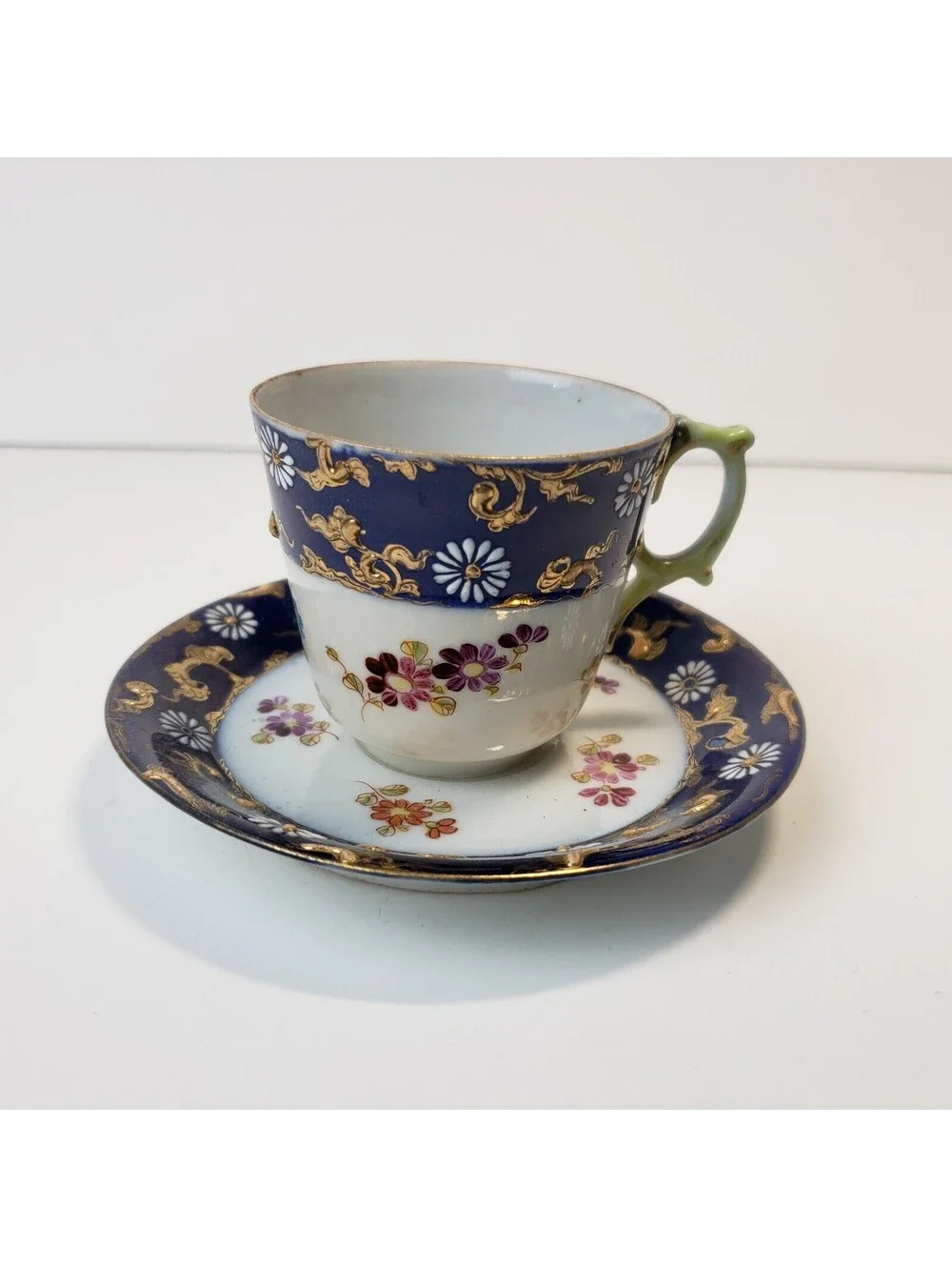 Vintage Porcelain Demitasse Teacup & Saucer  Moriage Cobalt Blue HP Floral Japan